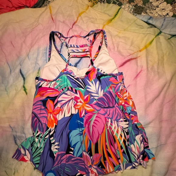 Aqua Green Tankini Swimsuit Top Vibrant Tropical Pattern Size X - Picture 3 of 6